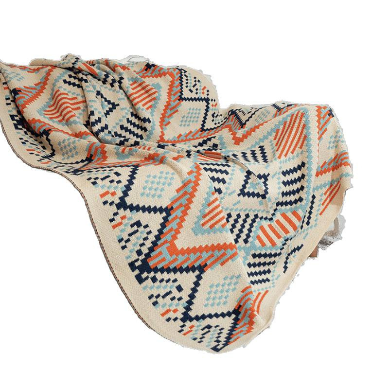 Bohem kötött kanapépléd rojtokkal, geometriai mintával, modern minimalista stílus, prémium minőség, súlya legfeljebb 180 g