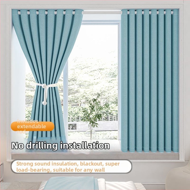 Hálószobai sötétítő függöny fúrás nélküli telepítéssel, készletben teleszkópos rúddal, Morant, poliészter, selyemréteg, 71-90%-os árnyékolás, modern egyszerű stílus