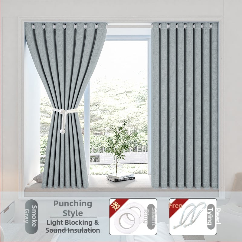 Hálószobai sötétítő függöny fúrás nélküli telepítéssel, készletben teleszkópos rúddal, Morant, poliészter, selyemréteg, 71-90%-os árnyékolás, modern egyszerű stílus