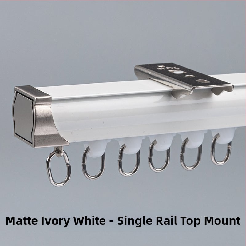 Užuolaidų bėgikų sistema su dviguba bėgimo vaga, šoninis viršutinis tvirtinimas, aliuminio lydinys, pritaikomas, šiuolaikinis minimalistinis stilius