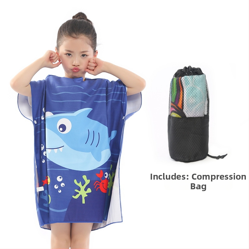 Bērnu divpusīgs fleece pončo dvielis ar kapuci, ātri žūstošs pludmales dvielis peldēšanai un pārģēšanai (Zīmols: Shengchun; Materiāls: Blended; Svars: 200 g; Dziļš vilnas pavediens: Core yarn; Pielāgošana: Jā)