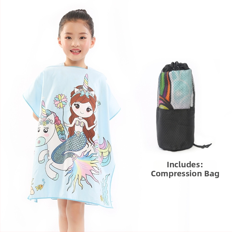 Bērnu divpusīgs fleece pončo dvielis ar kapuci, ātri žūstošs pludmales dvielis peldēšanai un pārģēšanai (Zīmols: Shengchun; Materiāls: Blended; Svars: 200 g; Dziļš vilnas pavediens: Core yarn; Pielāgošana: Jā)