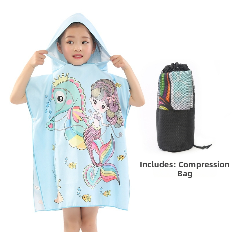 Bērnu divpusīgs fleece pončo dvielis ar kapuci, ātri žūstošs pludmales dvielis peldēšanai un pārģēšanai (Zīmols: Shengchun; Materiāls: Blended; Svars: 200 g; Dziļš vilnas pavediens: Core yarn; Pielāgošana: Jā)