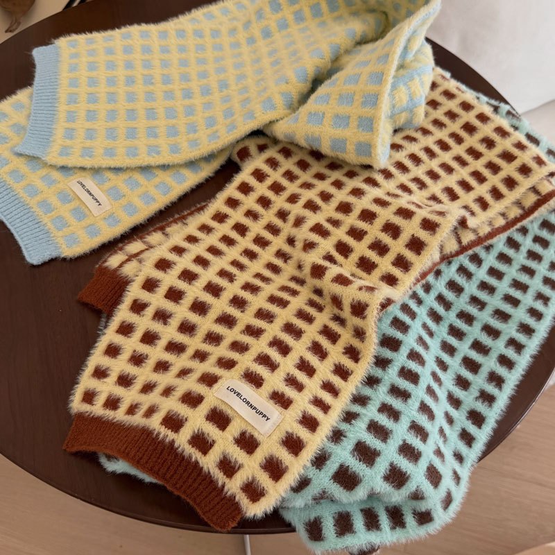 Šal u japanskom stilu s wafl uzorkom, topao zimi, pleteni, materijal: arktički velur + umjetna norka, podrijetlo: Hangzhou
