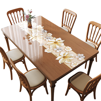 Прозрачна PVC подложка за маса – водоустойчива, маслоустойчива, антиплъзгаща, флорална шарка, правоъгълна