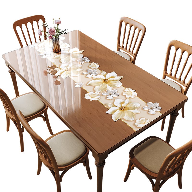 Прозрачна PVC подложка за маса – водоустойчива, маслоустойчива, антиплъзгаща, флорална шарка, правоъгълна