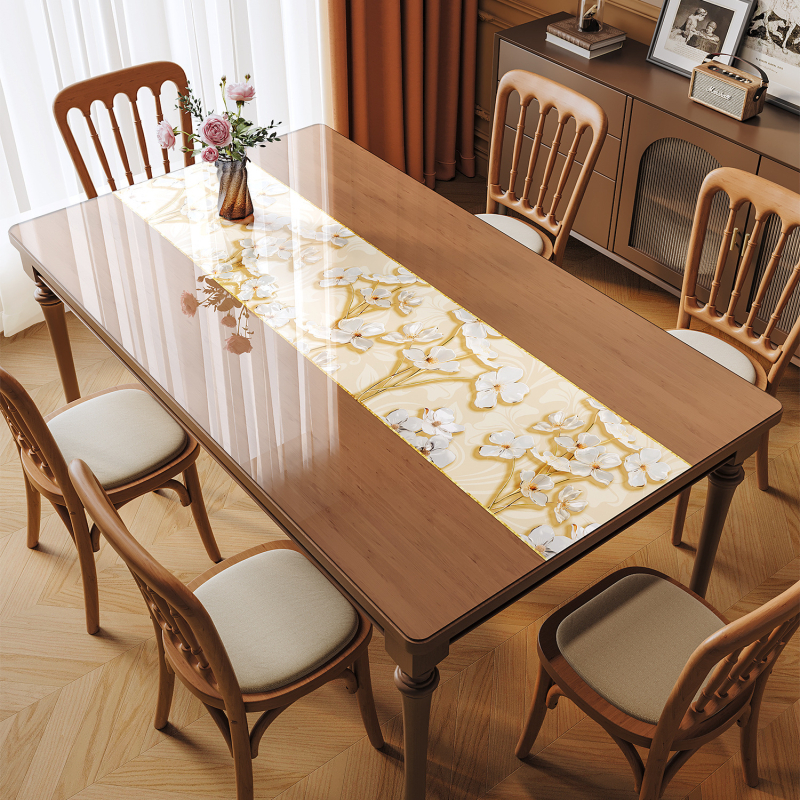 Прозрачна PVC подложка за маса – водоустойчива, маслоустойчива, антиплъзгаща, флорална шарка, правоъгълна