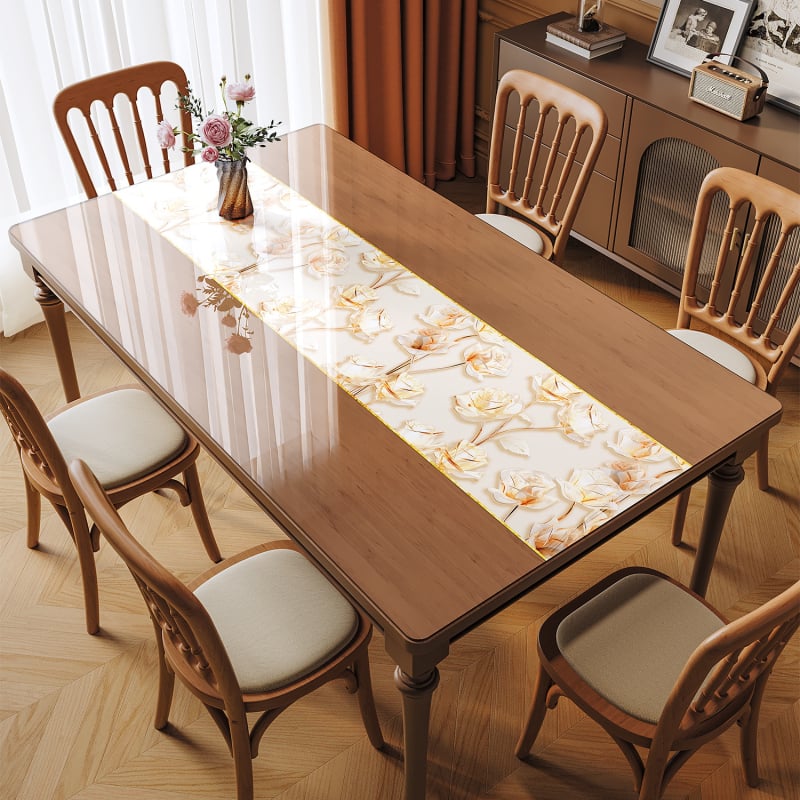 Прозрачна PVC подложка за маса – водоустойчива, маслоустойчива, антиплъзгаща, флорална шарка, правоъгълна