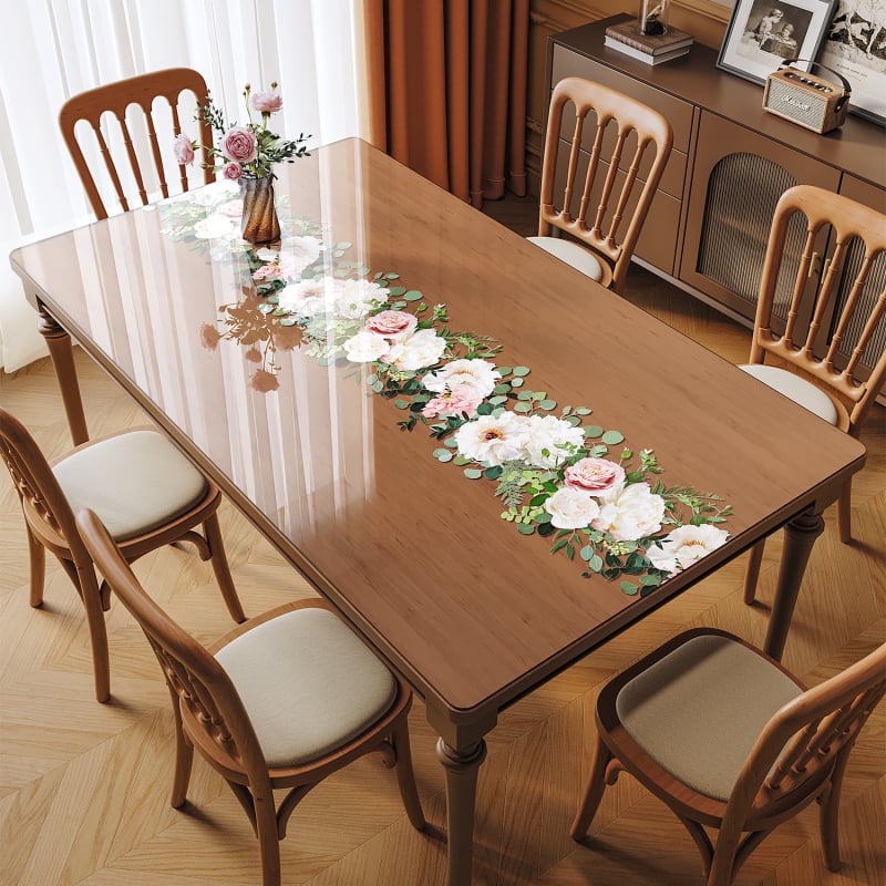 Прозрачна PVC подложка за маса – водоустойчива, маслоустойчива, антиплъзгаща, флорална шарка, правоъгълна