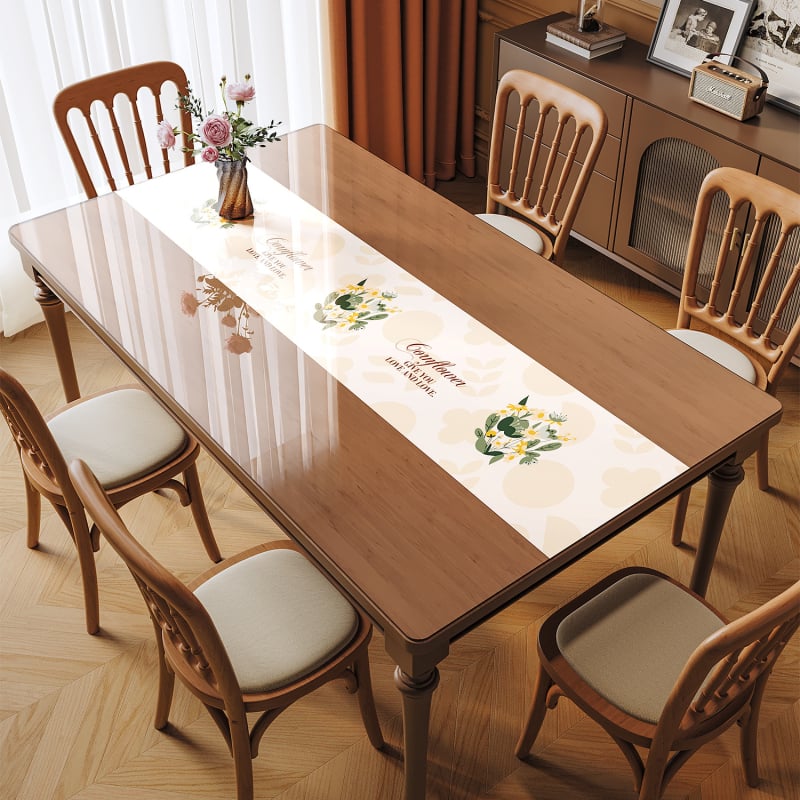 Прозрачна PVC подложка за маса – водоустойчива, маслоустойчива, антиплъзгаща, флорална шарка, правоъгълна