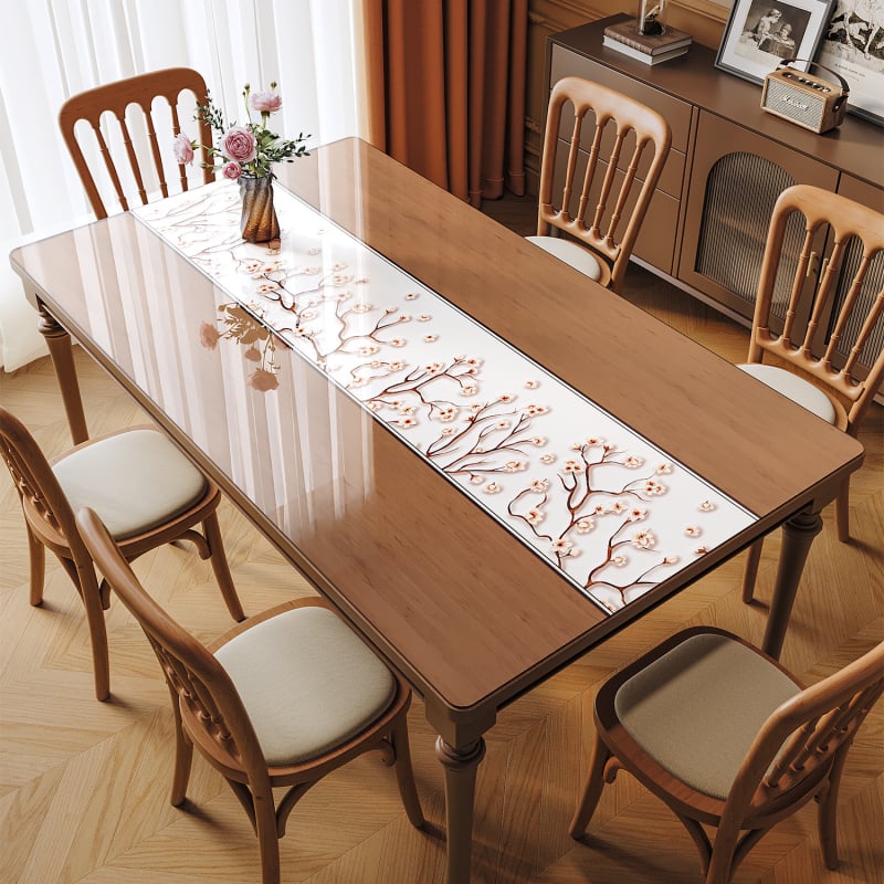 Прозрачна PVC подложка за маса – водоустойчива, маслоустойчива, антиплъзгаща, флорална шарка, правоъгълна