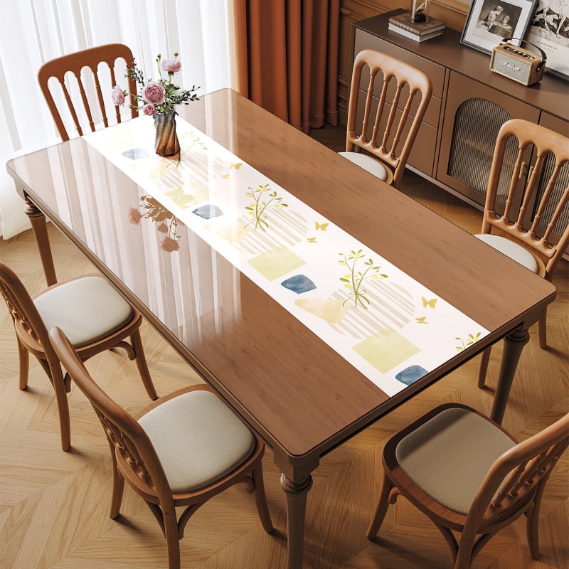 Прозрачна PVC подложка за маса – водоустойчива, маслоустойчива, антиплъзгаща, флорална шарка, правоъгълна