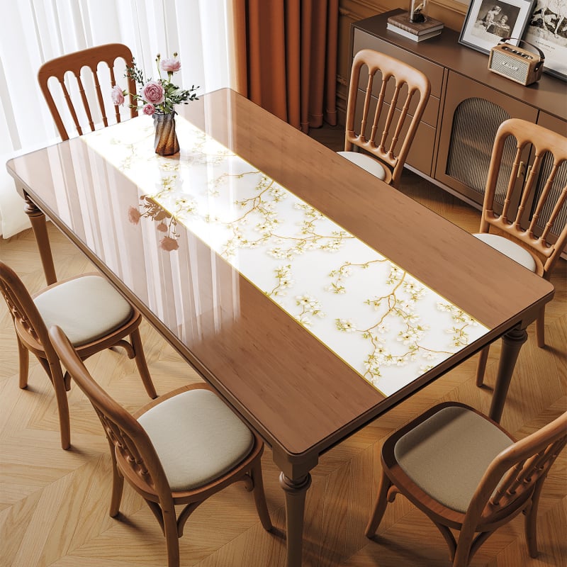 Прозрачна PVC подложка за маса – водоустойчива, маслоустойчива, антиплъзгаща, флорална шарка, правоъгълна