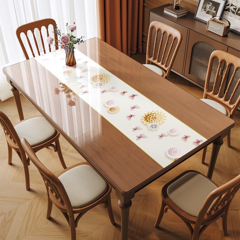 Прозрачна PVC подложка за маса – водоустойчива, маслоустойчива, антиплъзгаща, флорална шарка, правоъгълна