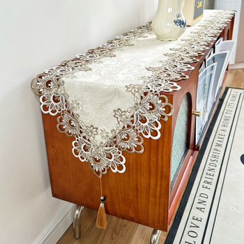 Runner de masă cu dantelă, 100% poliester, model uni, pentru masă de cafea și comodă TV