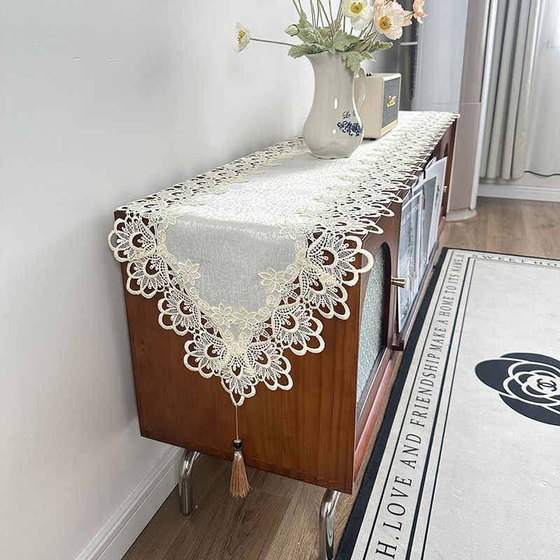 Runner de masă cu dantelă, 100% poliester, model uni, pentru masă de cafea și comodă TV