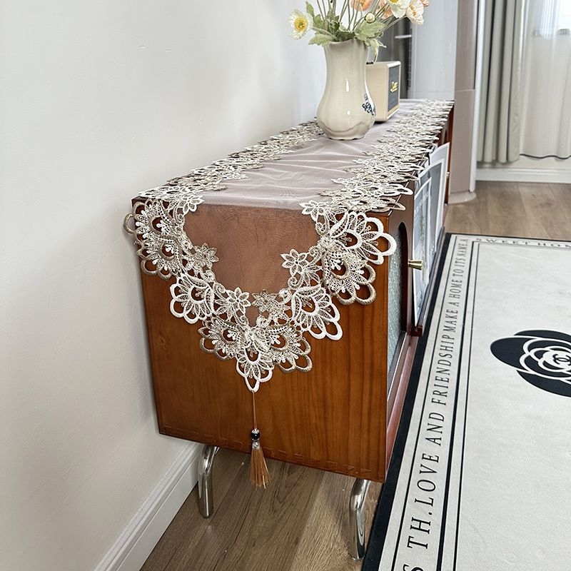 Runner de masă cu dantelă, 100% poliester, model uni, pentru masă de cafea și comodă TV