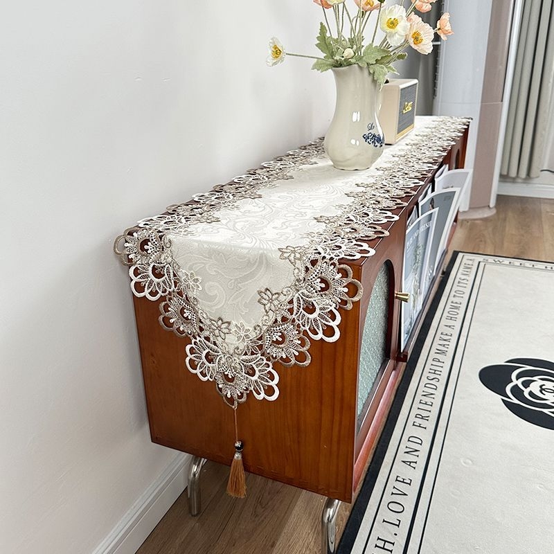 Runner de masă cu dantelă, 100% poliester, model uni, pentru masă de cafea și comodă TV