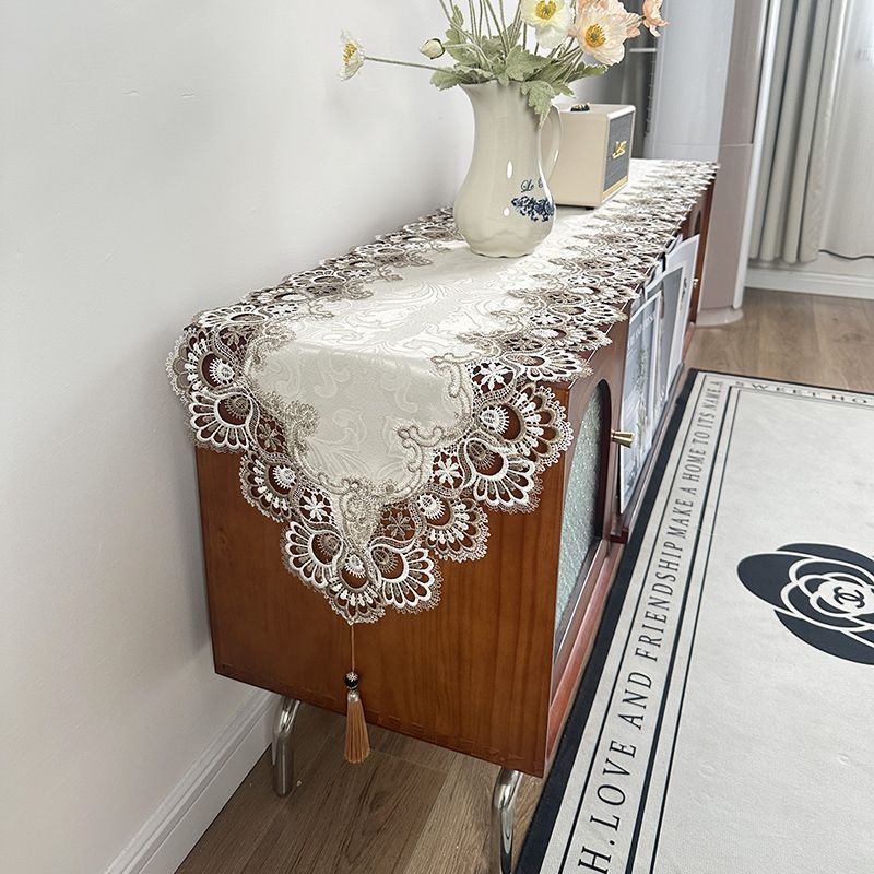 Runner de masă cu dantelă, 100% poliester, model uni, pentru masă de cafea și comodă TV