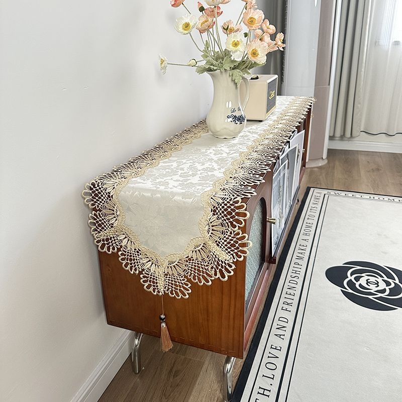Runner de masă cu dantelă, 100% poliester, model uni, pentru masă de cafea și comodă TV