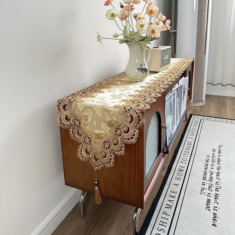 Runner de masă cu dantelă, 100% poliester, model uni, pentru masă de cafea și comodă TV