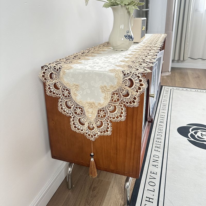 Runner de masă cu dantelă, 100% poliester, model uni, pentru masă de cafea și comodă TV
