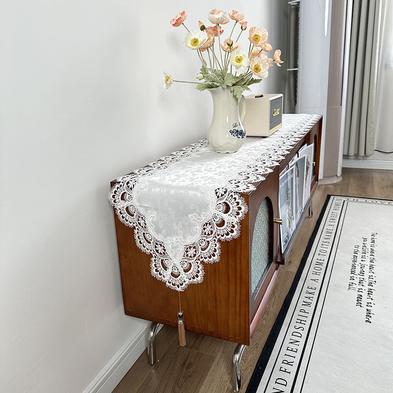 Runner de masă cu dantelă, 100% poliester, model uni, pentru masă de cafea și comodă TV