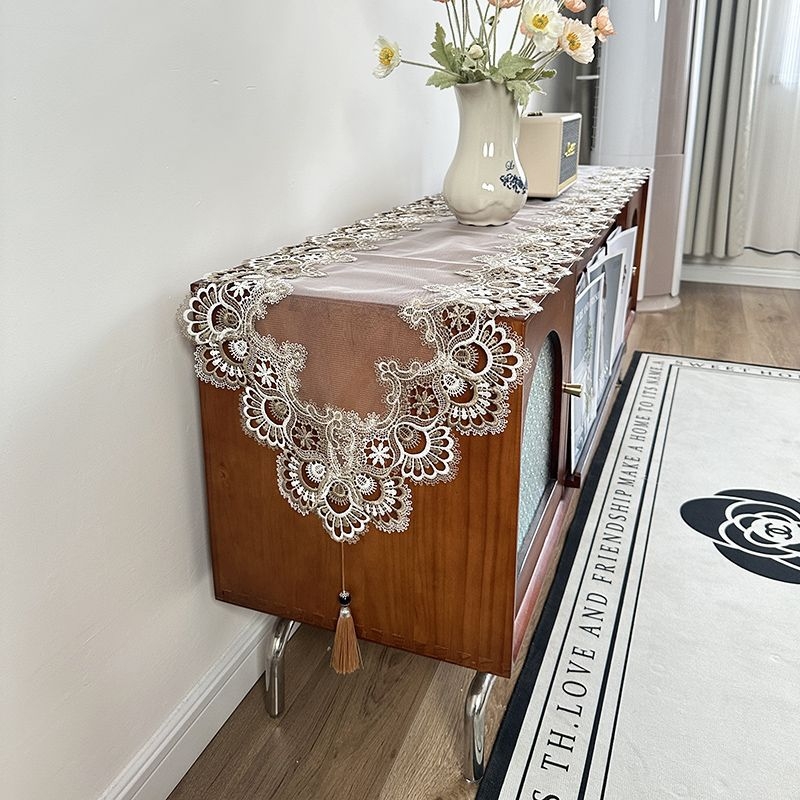 Runner de masă cu dantelă, 100% poliester, model uni, pentru masă de cafea și comodă TV