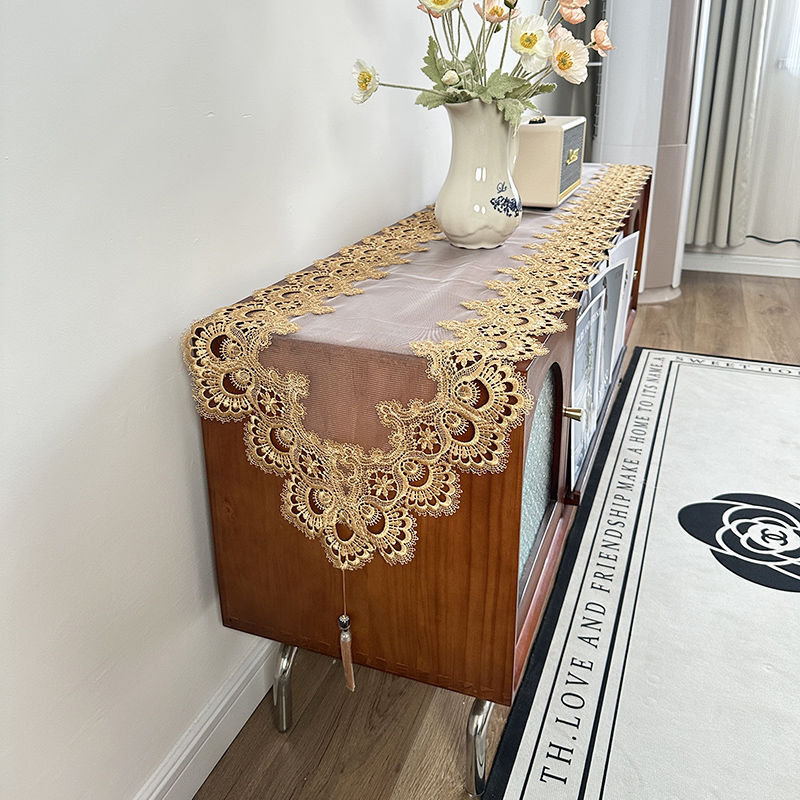 Runner de masă cu dantelă, 100% poliester, model uni, pentru masă de cafea și comodă TV