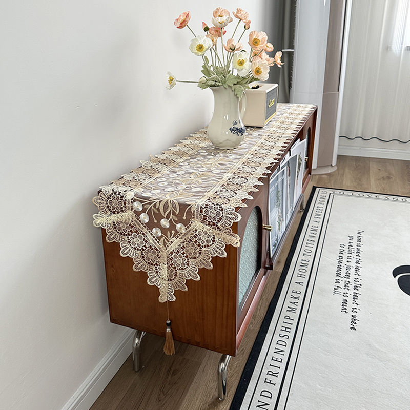 Runner de masă cu dantelă, 100% poliester, model uni, pentru masă de cafea și comodă TV