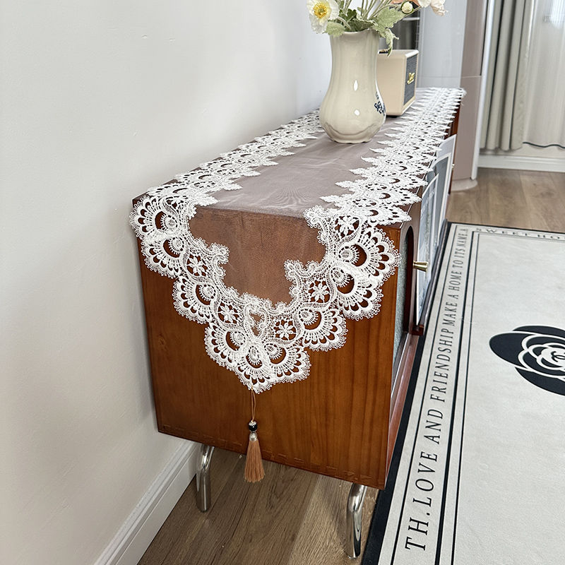Runner de masă cu dantelă, 100% poliester, model uni, pentru masă de cafea și comodă TV