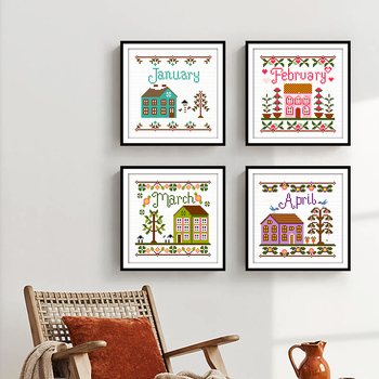 Krustu šūšanas komplekts: ainavas raksts, 14ct kokvilnas audums, mūsdienīgs minimālisma stils