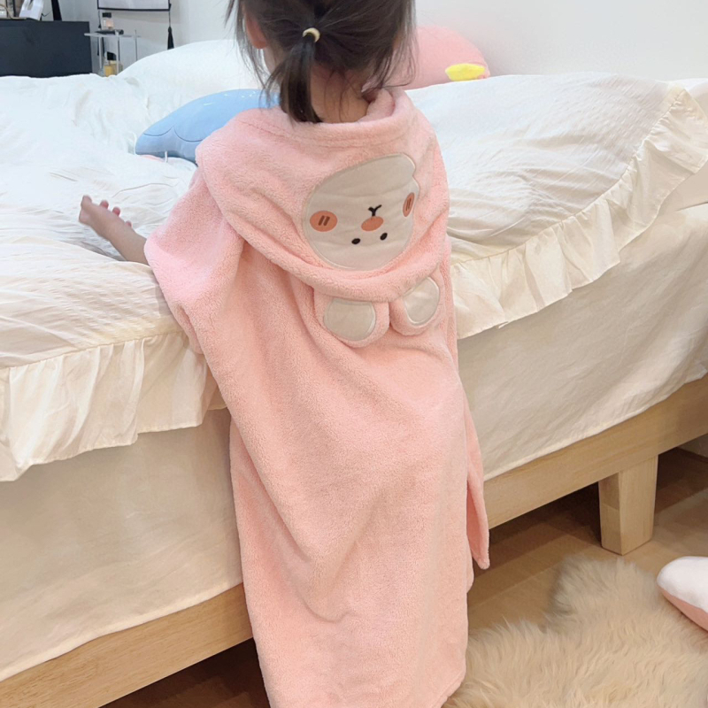 Billus coral fleece ogrtač s kapuljačom za djecu i odrasle, upijajući, šivanje s embroiderijem, 150D pređa, težina 300–400 g, prilagodljiva obrada