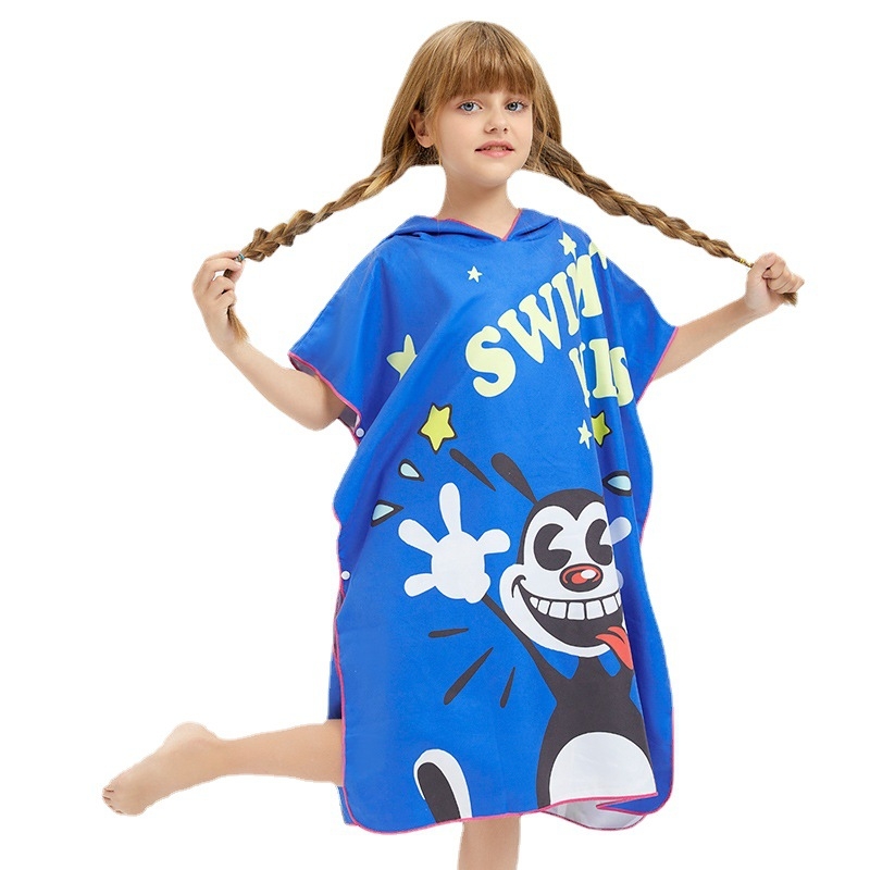 Bērnu kapuci mikrofibra dvielis ar druku, ātri žūst, mīksts un ērts; 85% poliesters, paved 150D, GSM 200–300, drukāšana, personalizēta apstrāde