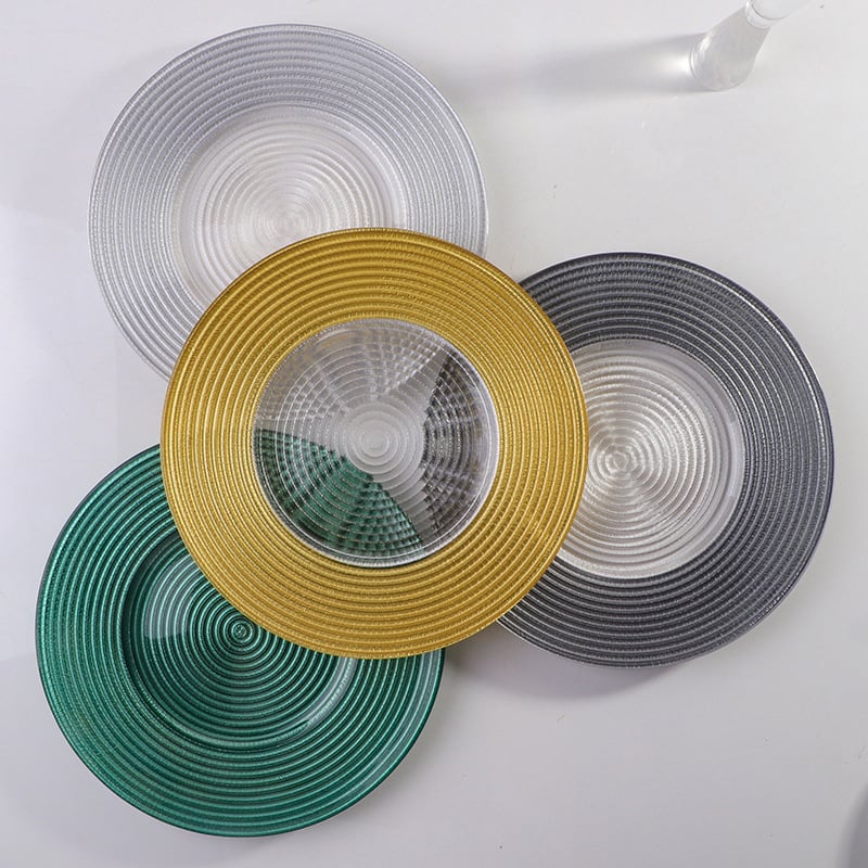 Stikla šķīvis ar Eiropas stila metāla apmali, apaļš, ar elektroplātētu virsmu, viesnīcas dekors