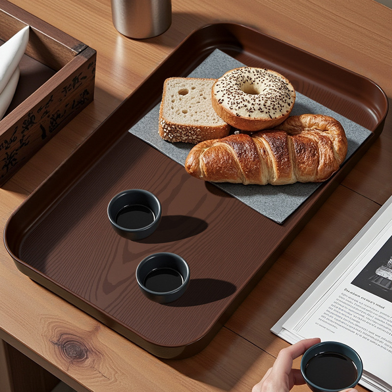 PP plastmasas servēšanas paplāte ar koksnes graudu un marmora rakstu; logotipa druka pieejama; pielāgošana; mūsdienīgs ziemeļu stils; koksnes graudu paletes sērija