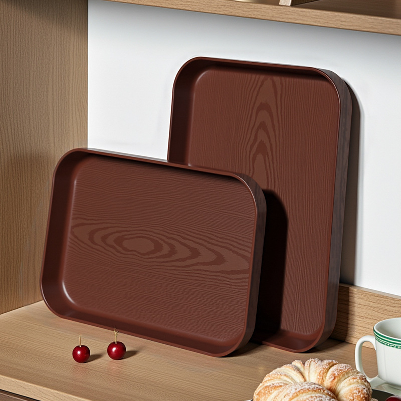 PP plastmasas servēšanas paplāte ar koksnes graudu un marmora rakstu; logotipa druka pieejama; pielāgošana; mūsdienīgs ziemeļu stils; koksnes graudu paletes sērija