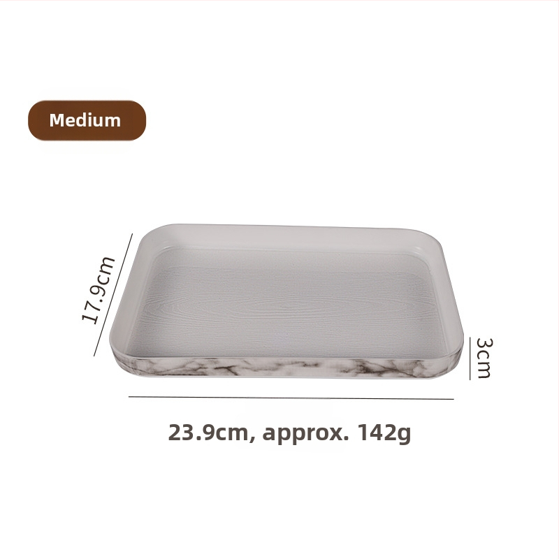 PP plastmasas servēšanas paplāte ar koksnes graudu un marmora rakstu; logotipa druka pieejama; pielāgošana; mūsdienīgs ziemeļu stils; koksnes graudu paletes sērija