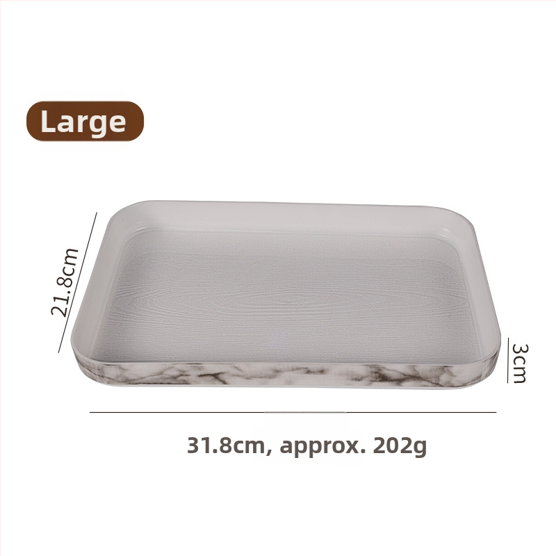 PP plastmasas servēšanas paplāte ar koksnes graudu un marmora rakstu; logotipa druka pieejama; pielāgošana; mūsdienīgs ziemeļu stils; koksnes graudu paletes sērija