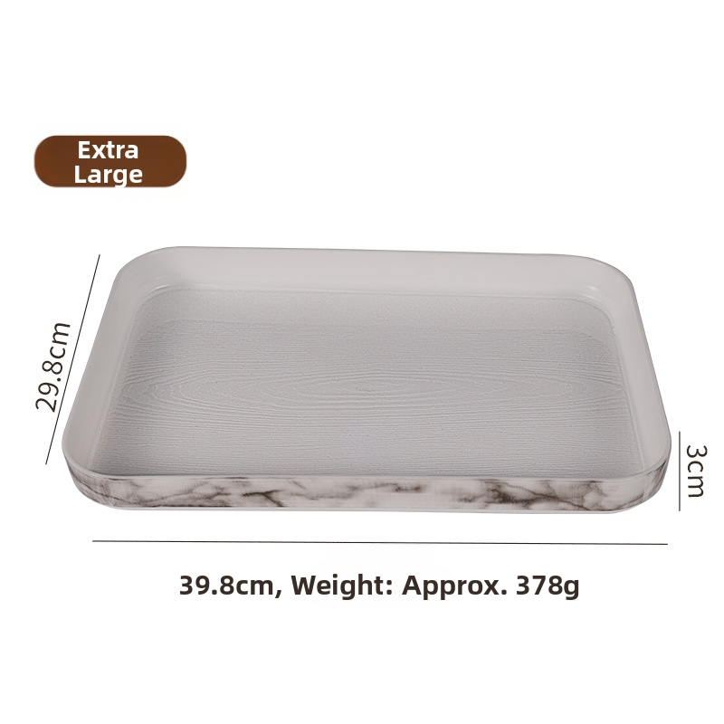 PP plastmasas servēšanas paplāte ar koksnes graudu un marmora rakstu; logotipa druka pieejama; pielāgošana; mūsdienīgs ziemeļu stils; koksnes graudu paletes sērija