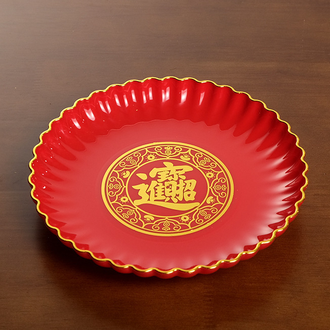 Plastmasas trauks augļiem un konfektēm ar kontūru uz mala, ķīniešu stilā, mājas lietošanai, ziedojums Budai un Bagātības Dievam