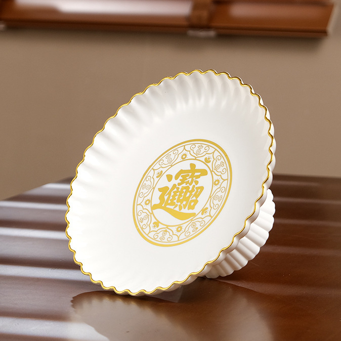 Plastmasas trauks augļiem un konfektēm ar kontūru uz mala, ķīniešu stilā, mājas lietošanai, ziedojums Budai un Bagātības Dievam