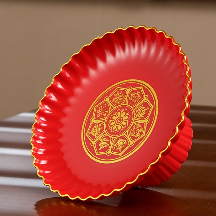 Plastmasas trauks augļiem un konfektēm ar kontūru uz mala, ķīniešu stilā, mājas lietošanai, ziedojums Budai un Bagātības Dievam