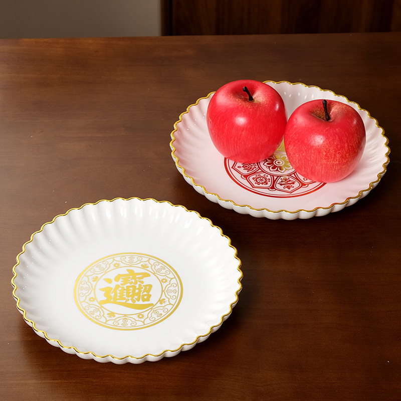 Plastmasas trauks augļiem un konfektēm ar kontūru uz mala, ķīniešu stilā, mājas lietošanai, ziedojums Budai un Bagātības Dievam