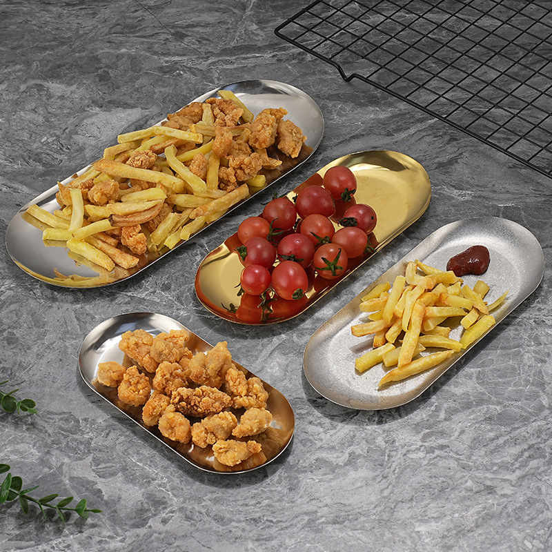 Nerūsējošā tērauda nordiskā stila servēšanas trauks ar neregulāras ovālas formas, piemērots viesnīcām, maltītei un tējai, mikroviļņu drošs