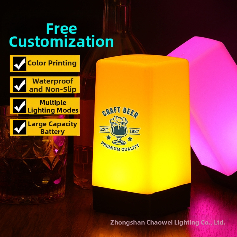 LED nabíjateľná nočná lampička na stol, štvorcový model HT-TD1W020, plastový držiak, moderný minimalistický štýl, OEM logo