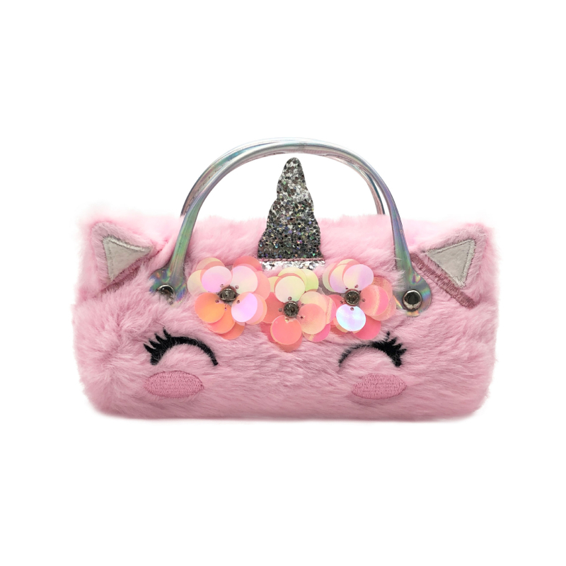 Vaikų pliušinis akinų dėklas su katės motyvu — audinys, siuvinėjimas, animacinis gyvūnų dizainas, pritaikomas