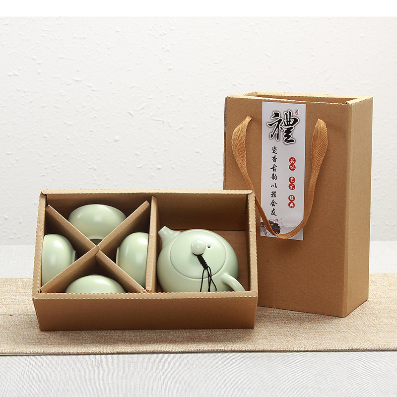 Ding kiln Kung Fu tēja komplekts, keramika, 1 tējkanna un 4 krūzes, logotipa druka