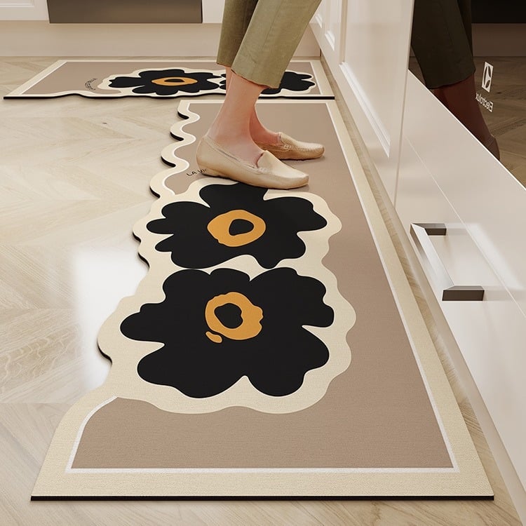 Set covorașe de podea pentru bucătărie din lut diatom – absorbant, anti-derapant, impermeabil, rezistent la ulei, lavabil, cu model floral