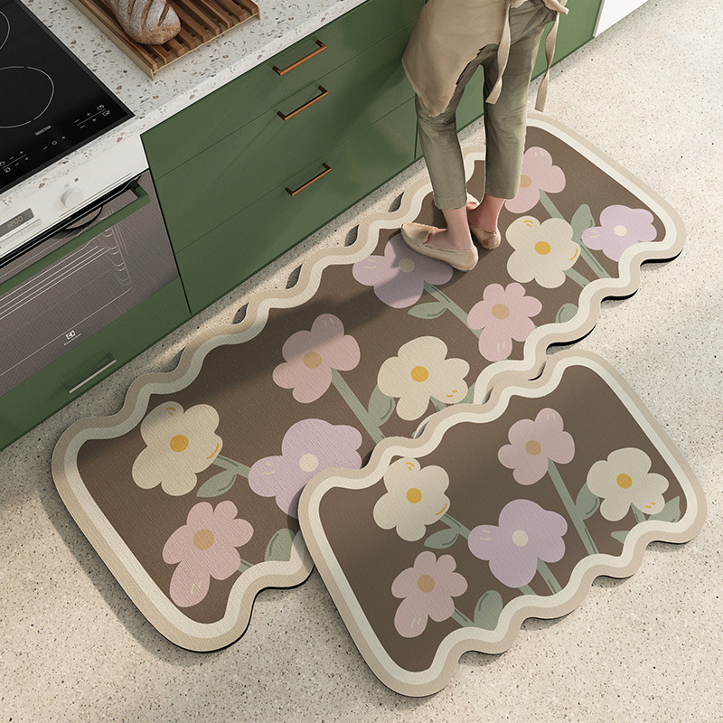 Set covorașe de podea pentru bucătărie din lut diatom – absorbant, anti-derapant, impermeabil, rezistent la ulei, lavabil, cu model floral